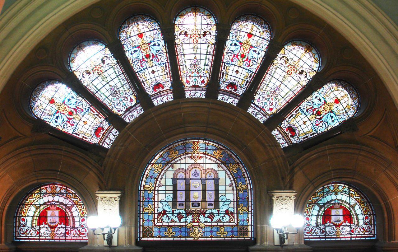Stained-glass windows in the Queen Victoria Building in Sydney.